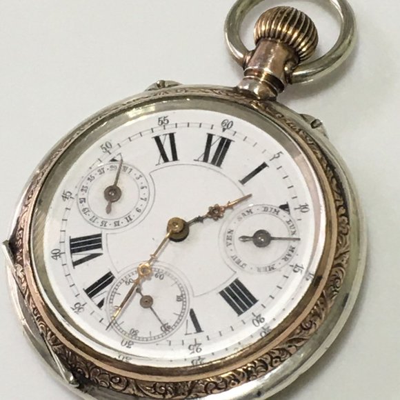 Antique Tissot QUANTIEME Cylindre Geneve Calendar Silver pocket watch Runs - Picture 2 of 10